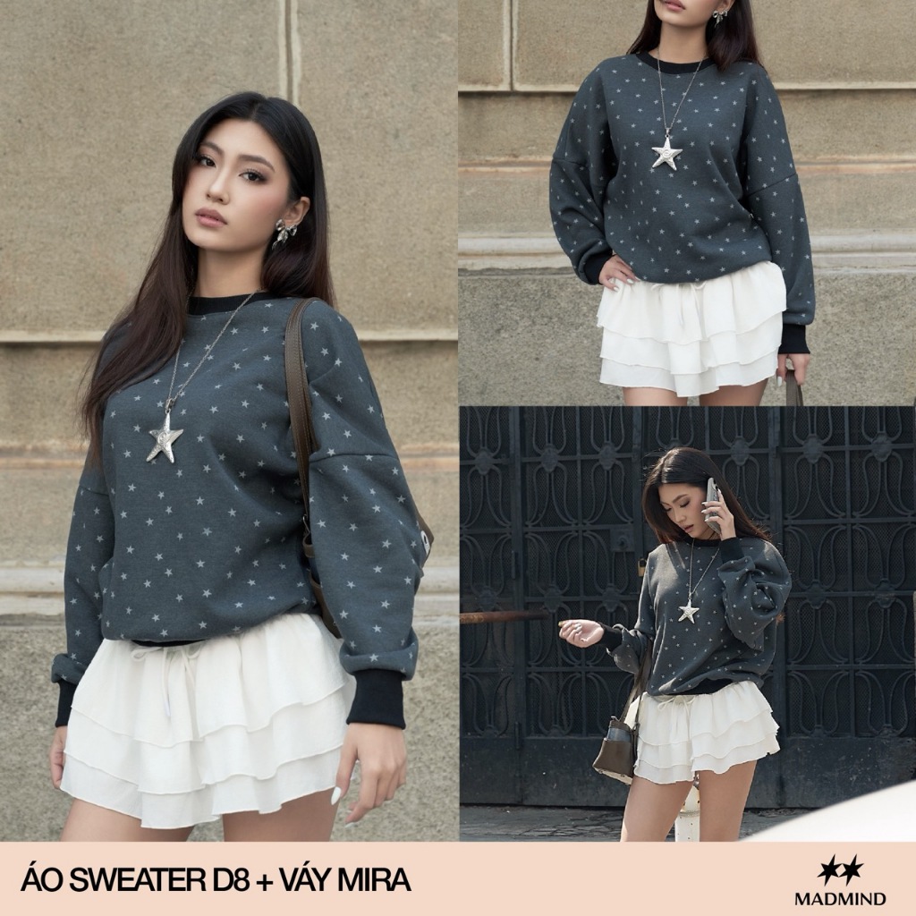 MADMIND Áo Nỉ Sweater Unisex Tay Dài In Ngôi Sao Mặc D8 - Xám, Xám Trắng , Xám Chì , Nâu, Chấm Bi | BigBuy360 - bigbuy360.vn