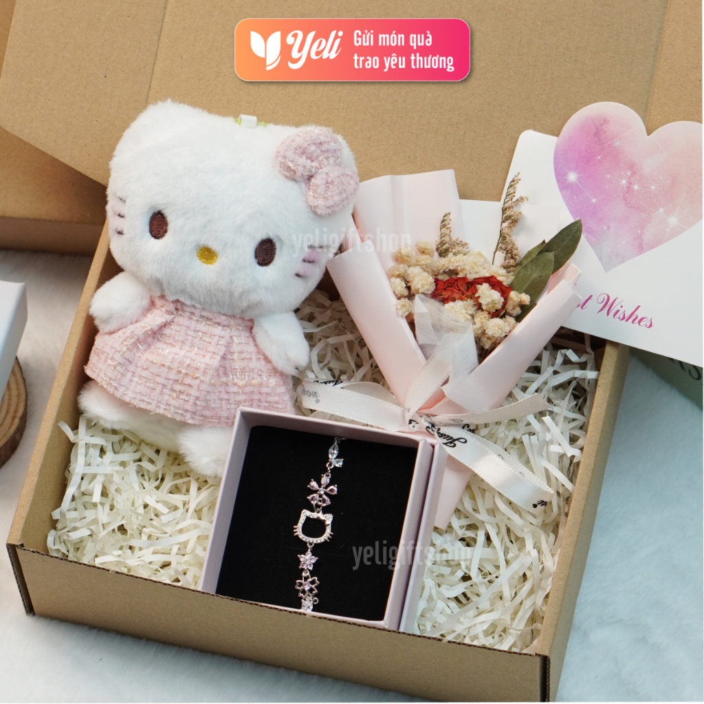 Set quà trang sức vòng tay tặng bạn gái, người yêu kèm Hoa Gấu Hello Kitty, Set quà trang sức Hoa Gấu dễ thương
