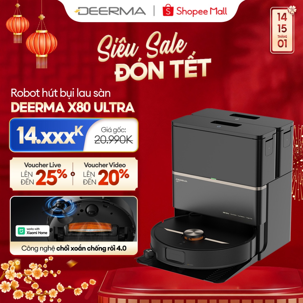 Robot hút bụi lau sàn đa năng Deerma X80 Ultra phiên bản nâng cấp lực hút 23.000Pa tự động sấy khô giẻ lau - BH 24 tháng