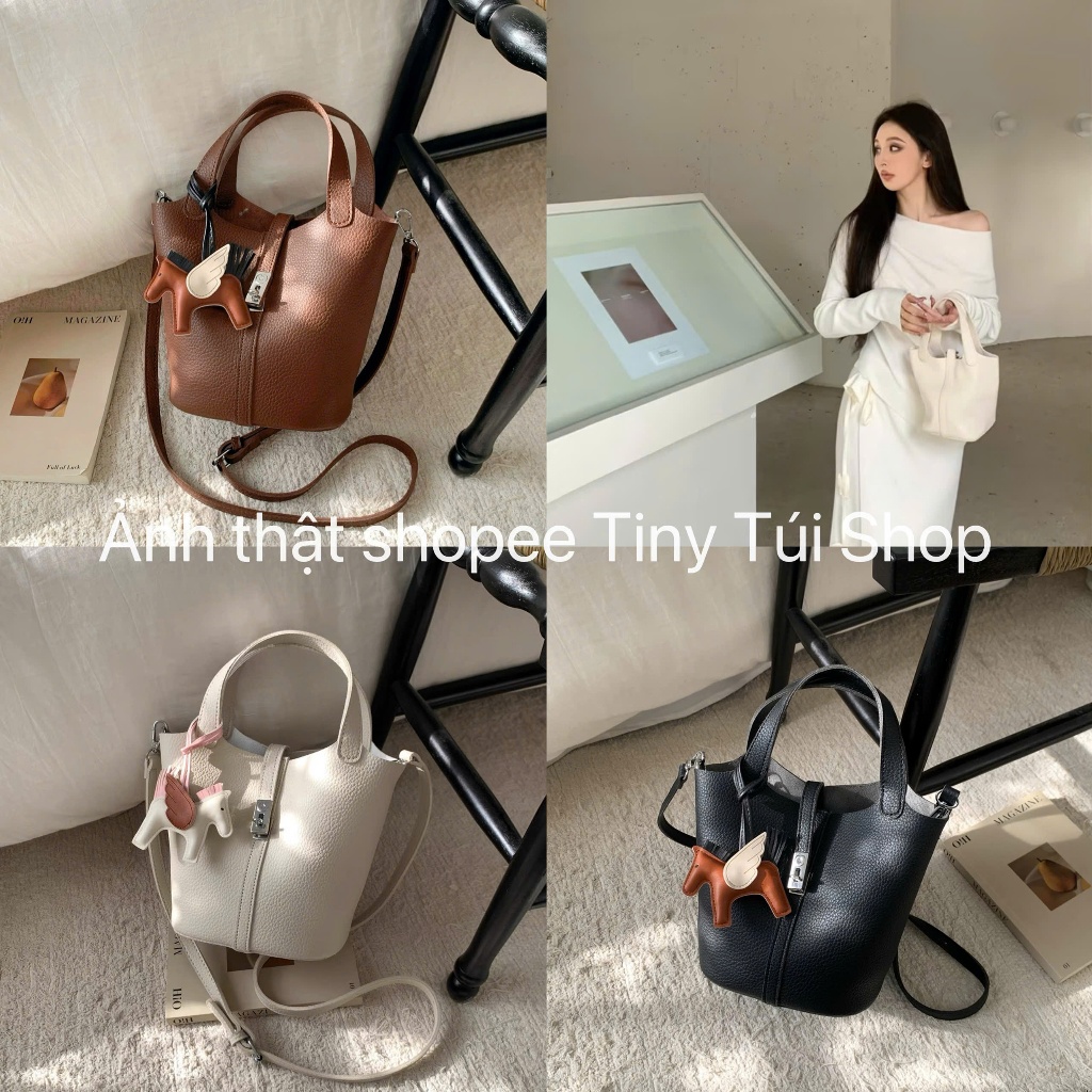 (Full-Box) Túi xách dáng chậu khóa cài xoay TẶNG KÈM NGỰA cầm tây đeo chéo sang chảnh