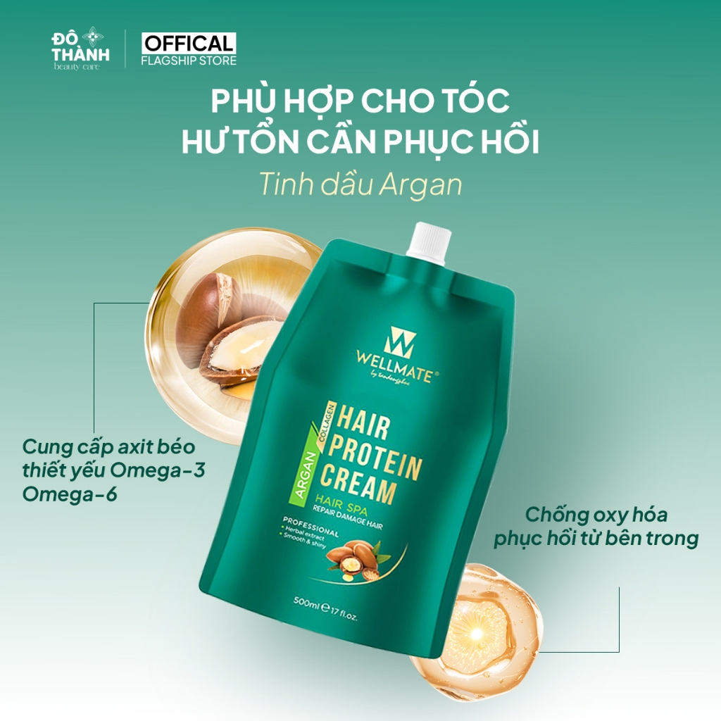 Kem ủ tóc phục hồi hư tổn Argan Wellmate giảm khô xơ gãy rụng bảo vệ tóc khỏi nhiệt túi 500ml