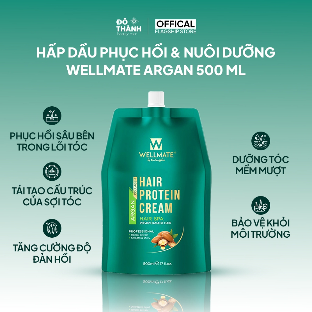 Kem ủ tóc phục hồi hư tổn Argan Wellmate giảm khô xơ gãy rụng bảo vệ tóc khỏi nhiệt túi 500ml