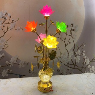 [TẶNG BÓNG LED] Set 2 Đèn Thờ Hoa Sen Lưu Ly 5 Bông Cao Lá Xanh, Vàng 70cm Bình Gốm Hoa Rủ Trang Trí Bàn Thờ Cao Cấp
