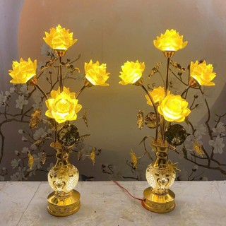 [TẶNG BÓNG LED] Set 2 Đèn Thờ Hoa Sen Lưu Ly 5 Bông Cao Lá Xanh, Vàng 70cm Bình Gốm Hoa Rủ Trang Trí Bàn Thờ Cao Cấp