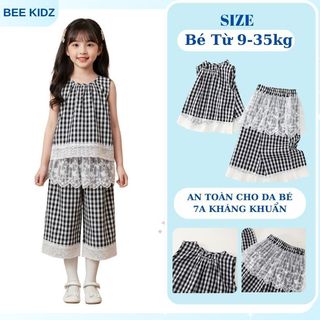 Set Bộ Bé Gái, Đồ Bộ Bé Gái Thiết Kế Kẻ Caro Phối Ren Tiểu Thư Mềm Mại Chất Liệu Cotton Thoáng Mát
