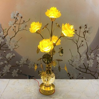 [TẶNG BÓNG LED] Set 2 Đèn Thờ Hoa Sen Lưu Ly 5 Bông Cao Lá Xanh, Vàng 70cm Bình Gốm Hoa Rủ Trang Trí Bàn Thờ Cao Cấp
