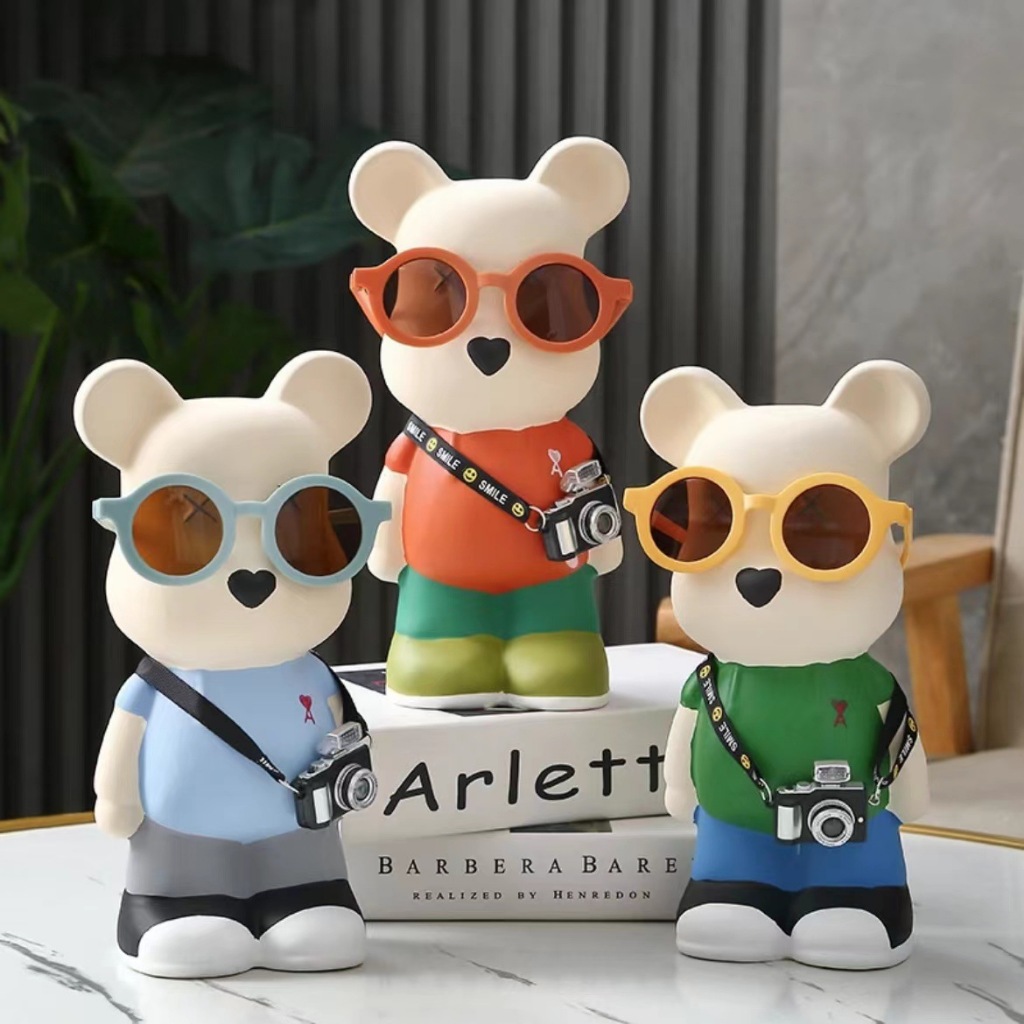 Tượng bear đeo kính, máy ảnh decor nhà cửa