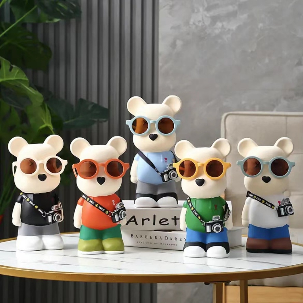 Tượng bear đeo kính, máy ảnh decor nhà cửa