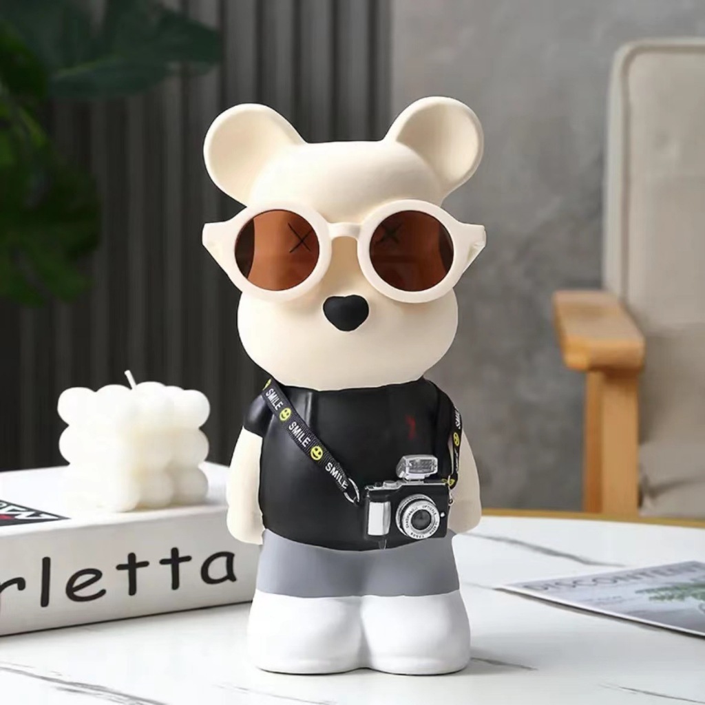 Tượng bear đeo kính, máy ảnh decor nhà cửa