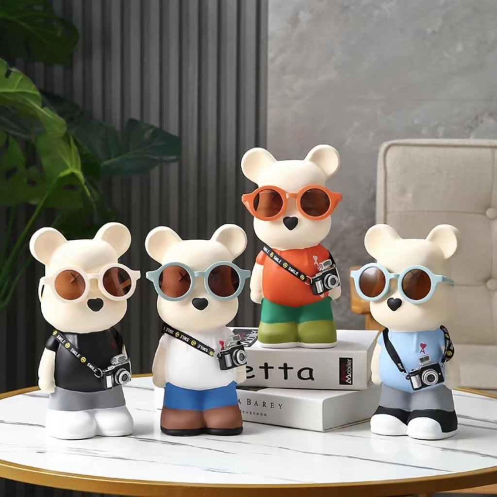 Tượng bear đeo kính, máy ảnh decor nhà cửa