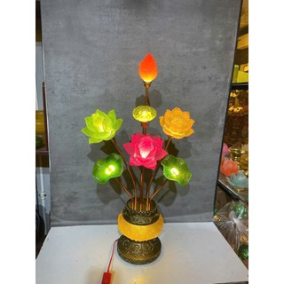 Đèn Thờ Hoa Sen Pha Lê 7 Bông Hoa, Lá, Nụ Sen 63–70cm, Đế Đúc Hoa Văn Cao Cấp, Đèn Thờ Hoàng Gia