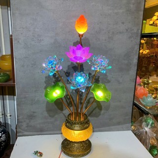 Đèn Thờ Hoa Sen Pha Lê 7 Bông Hoa, Lá, Nụ Sen 63–70cm, Đế Đúc Hoa Văn Cao Cấp, Đèn Thờ Hoàng Gia
