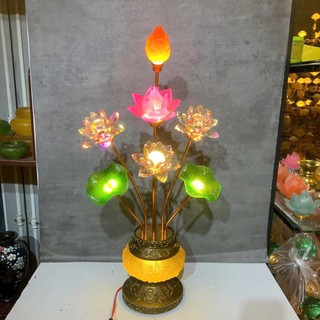 Đèn Thờ Hoa Sen Pha Lê 7 Bông Hoa, Lá, Nụ Sen 63–70cm, Đế Đúc Hoa Văn Cao Cấp, Đèn Thờ Hoàng Gia