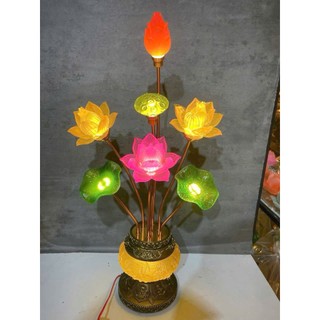 Đèn Thờ Hoa Sen Pha Lê 7 Bông Hoa, Lá, Nụ Sen 63–70cm, Đế Đúc Hoa Văn Cao Cấp, Đèn Thờ Hoàng Gia