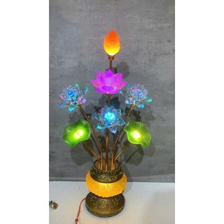 Đèn Thờ Hoa Sen Pha Lê 7 Bông Hoa, Lá, Nụ Sen 63–70cm, Đế Đúc Hoa Văn Cao Cấp, Đèn Thờ Hoàng Gia