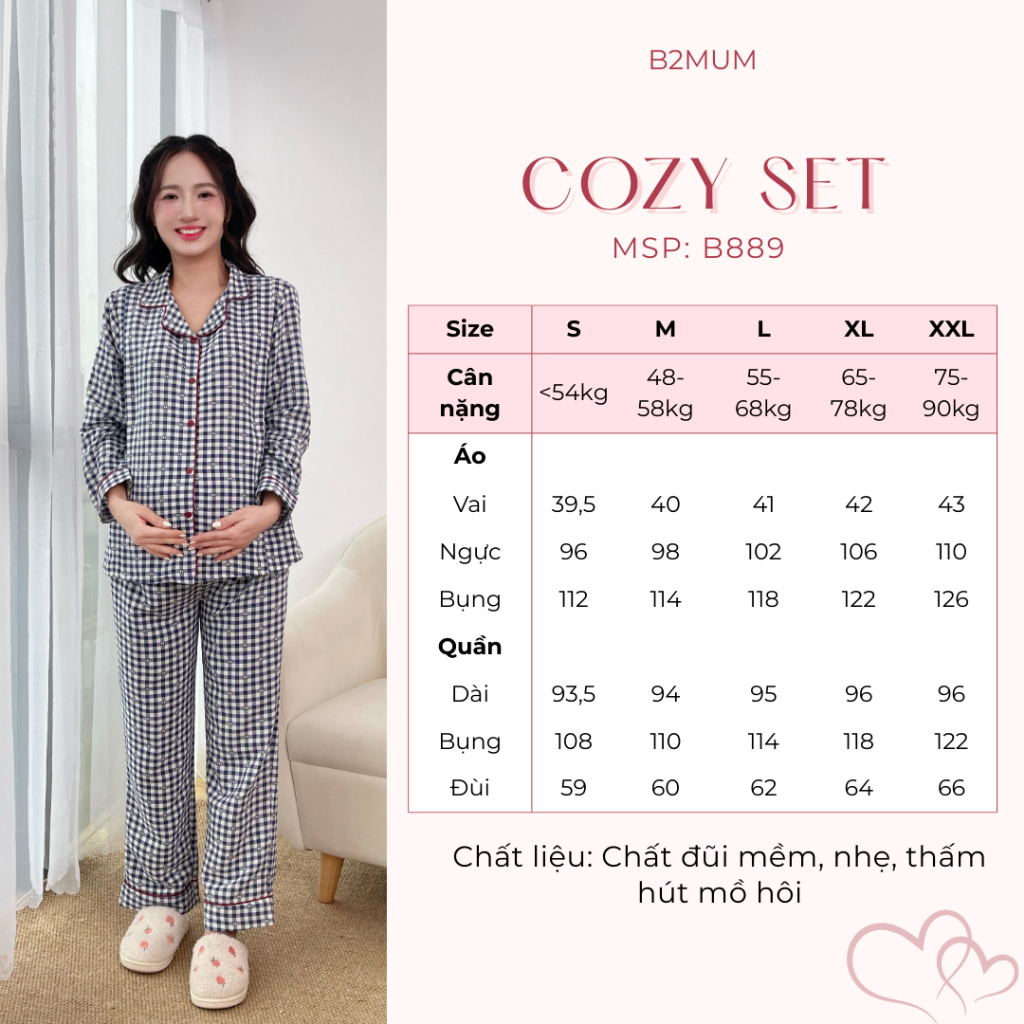 Bộ Pijama Mặc Nhà Chất Đũi Mềm Dành Cho Mẹ Bầu Và Sau Sinh, Quần có Chun Điều Chỉnh - B889 B2MUM