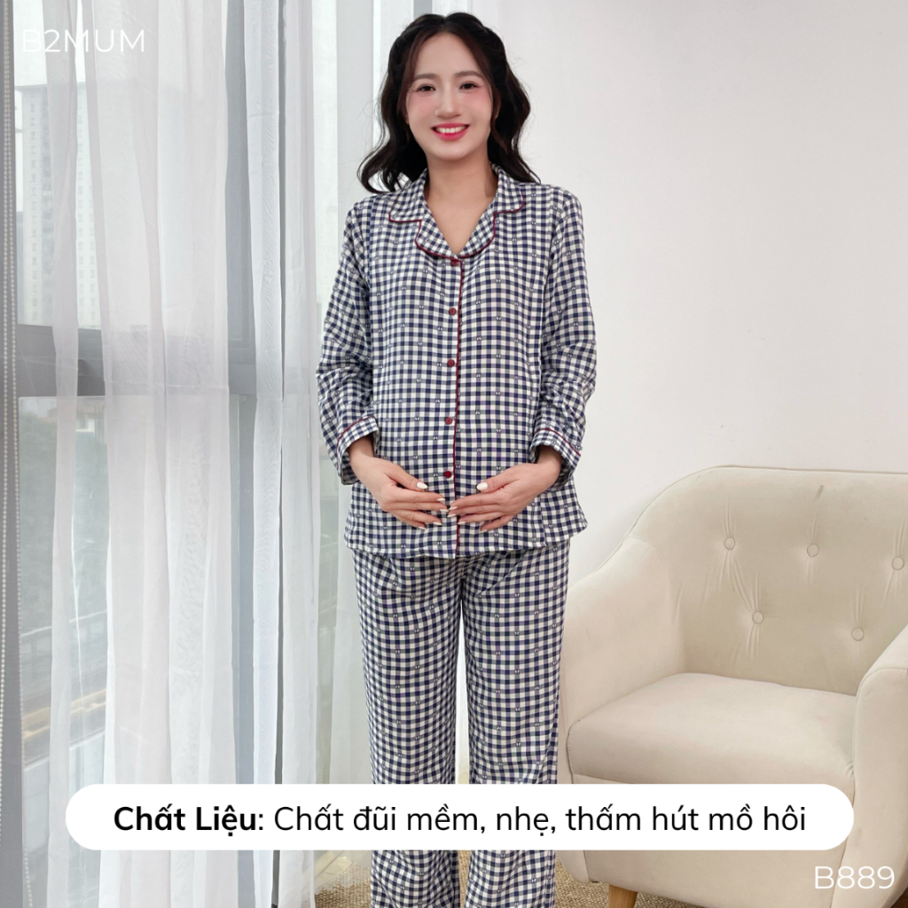 Bộ Pijama Mặc Nhà Chất Đũi Mềm Dành Cho Mẹ Bầu Và Sau Sinh, Quần có Chun Điều Chỉnh - B889 B2MUM