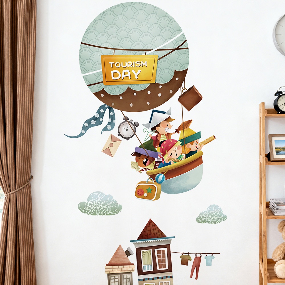 Decal Dán Tường Trẻ Em Khám Phá Trên Khinh Khí Cầu Có Keo Sẵn 60x104cm - Trang Trí Phòng Cho Bé