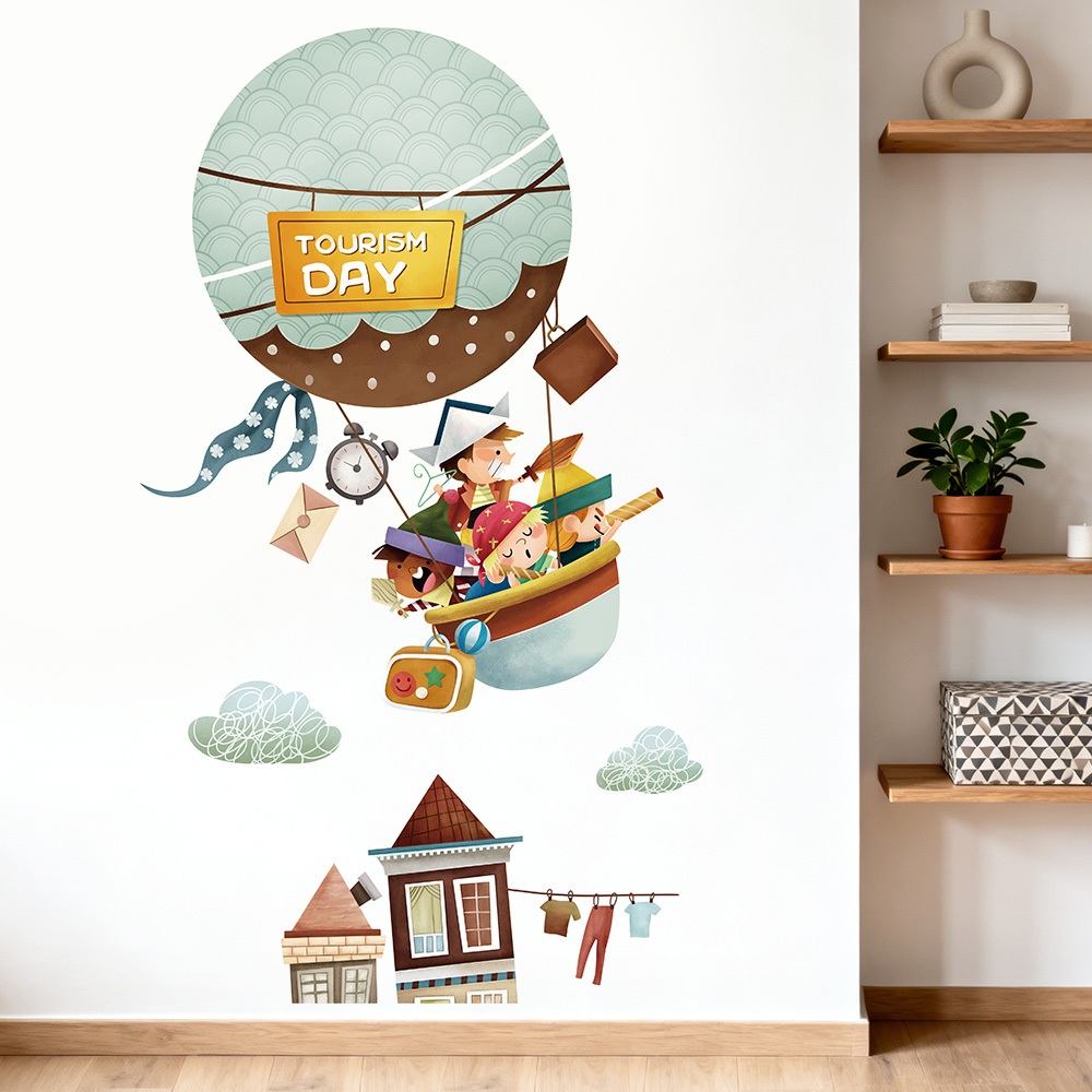 Decal Dán Tường Trẻ Em Khám Phá Trên Khinh Khí Cầu Có Keo Sẵn 60x104cm - Trang Trí Phòng Cho Bé