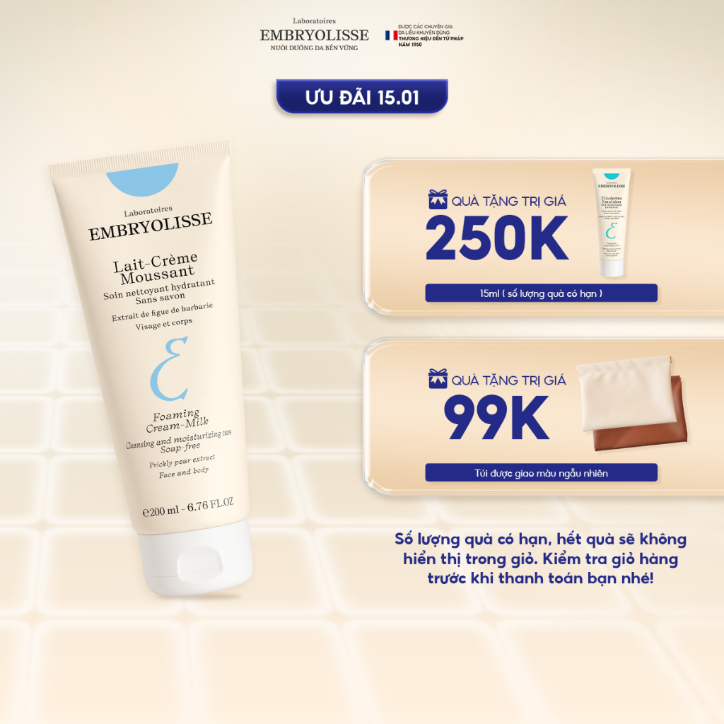 Sữa rửa mặt sạch sâu, cấp ẩm dịu nhẹ Lait-Crème Moussant Embryolisse 200ml