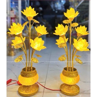 [Tặng bóng led]Đèn Thờ Hoa Sen Lưu Ly Hoàng Gia Cao 70–96cm, Đèn Hoa Sen Vàng Đế Đúc Đồng Bình Ngọc Nổi Cao Cấp