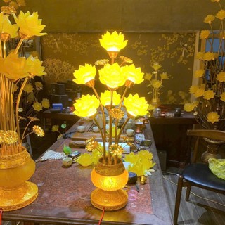 [Tặng bóng led]Đèn Thờ Hoa Sen Lưu Ly Hoàng Gia Cao 70–96cm, Đèn Hoa Sen Vàng Đế Đúc Đồng Bình Ngọc Nổi Cao Cấp