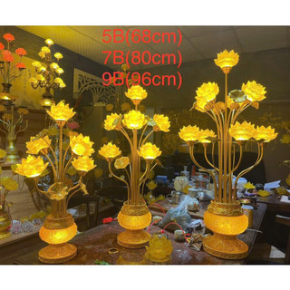 [Tặng bóng led]Đèn Thờ Hoa Sen Lưu Ly Hoàng Gia Cao 70–96cm, Đèn Hoa Sen Vàng Đế Đúc Đồng Bình Ngọc Nổi Cao Cấp
