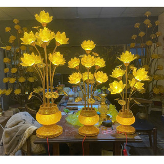 [Tặng bóng led]Đèn Thờ Hoa Sen Lưu Ly Hoàng Gia Cao 70–96cm, Đèn Hoa Sen Vàng Đế Đúc Đồng Bình Ngọc Nổi Cao Cấp