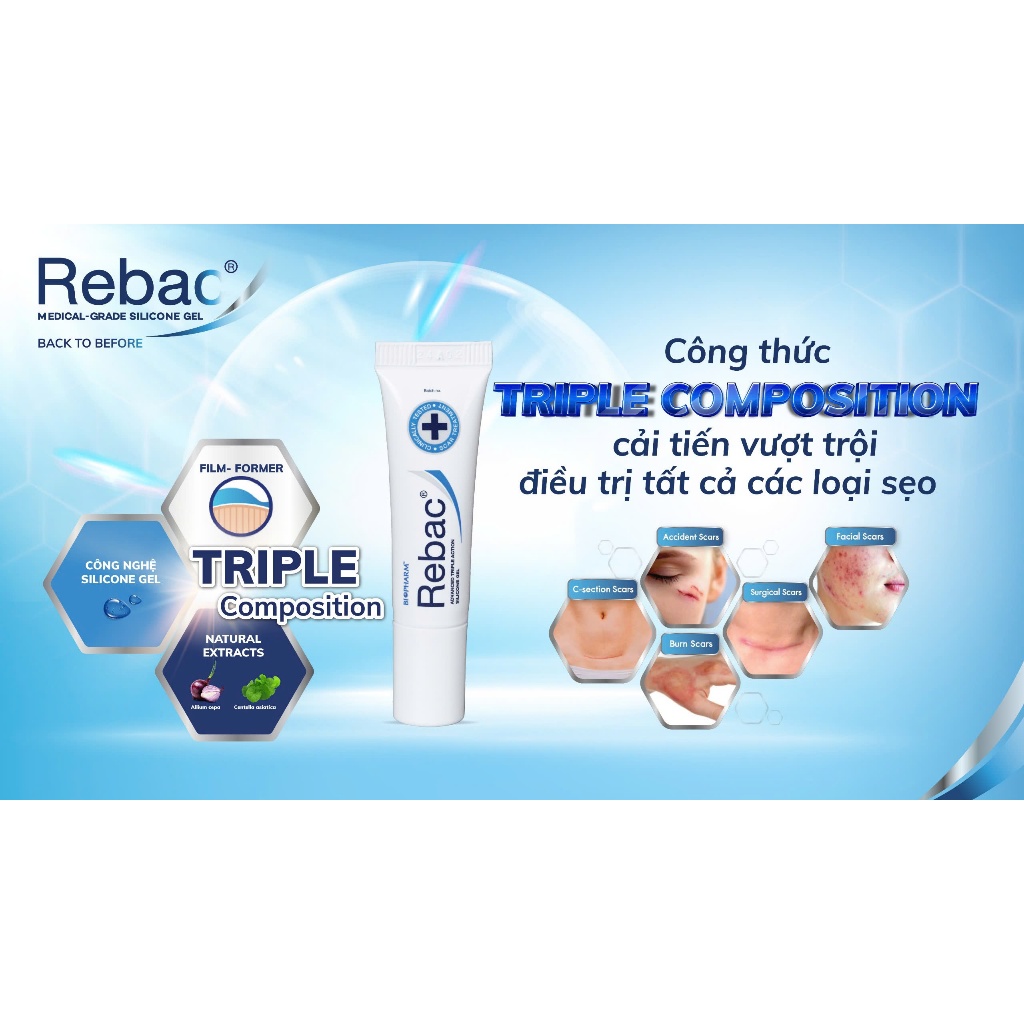 Rebac Gel Silicone Y Tế Ngăn Ngừa Sẹo – Giảm Sẹo Lồi, Sẹo Thâm, Sẹo Sau Phẫu Thuật (Tuýp 5g)