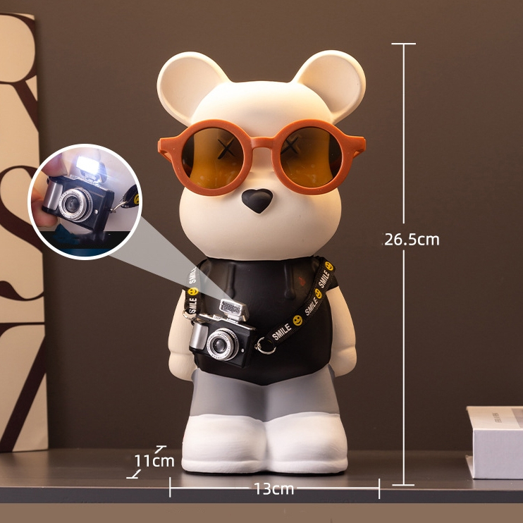Tượng bear đeo kính, máy ảnh decor nhà cửa