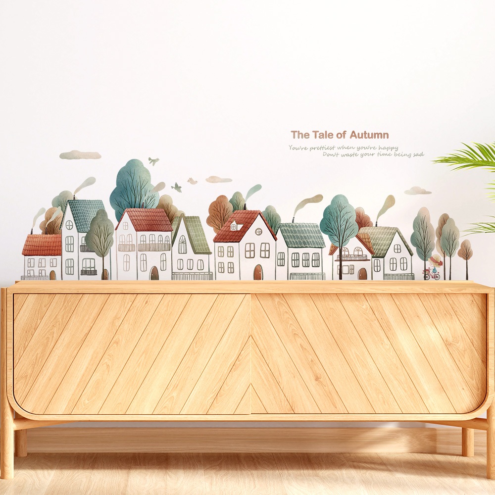 Decal Dán Tường Ngôi Làng Mùa Thu Có Keo Sẵn 139x46cm - Trang Trí Phòng Ngủ Nhẹ Nhàng