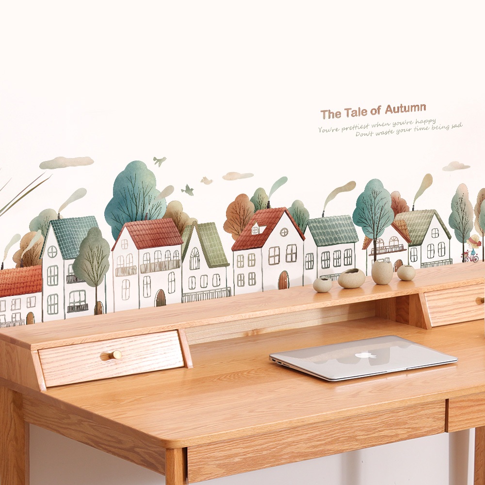 Decal Dán Tường Ngôi Làng Mùa Thu Có Keo Sẵn 139x46cm - Trang Trí Phòng Ngủ Nhẹ Nhàng