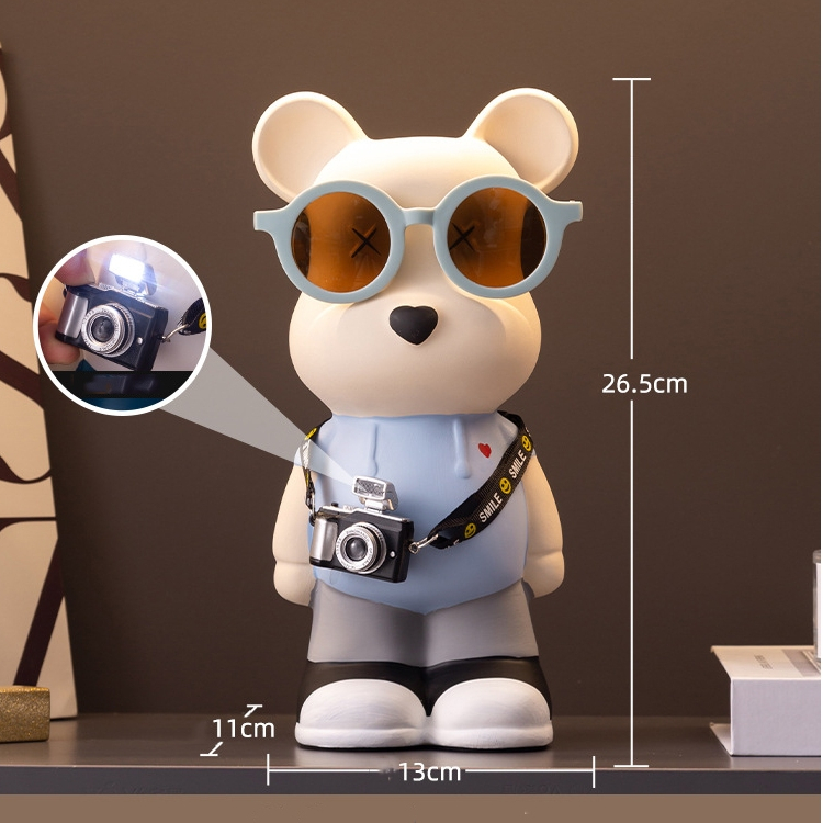 Tượng bear đeo kính, máy ảnh decor nhà cửa