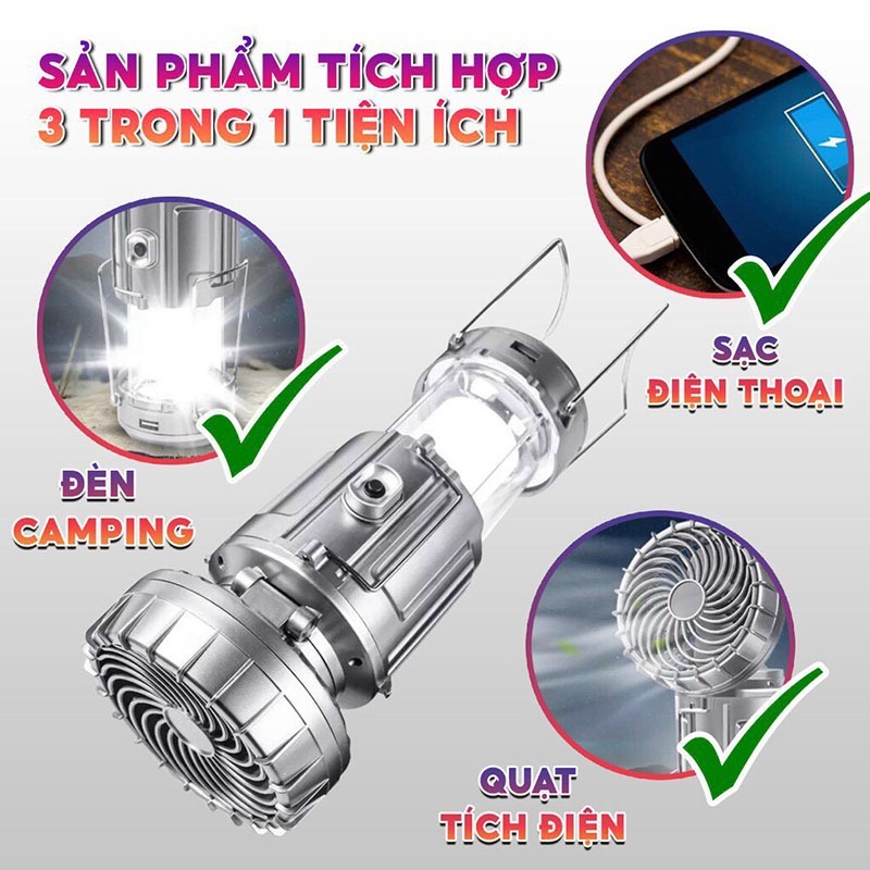 Đèn Tích Điện 3 Trong 1 Kèm Quạt Và Cổng Sạc USB Đa Năng, Đèn Cắm Trại Dùng Sạc Và Pin AAA Tiện Lợi