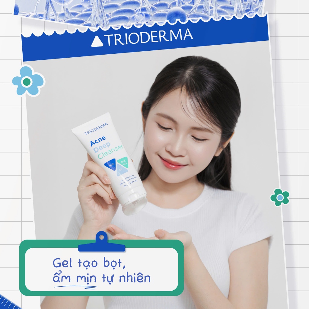 Combo Gel mụn Trioderma Anti Acne Gel 15g & Gel rửa mặt Acne Deep Cleanser 150g chính hãng