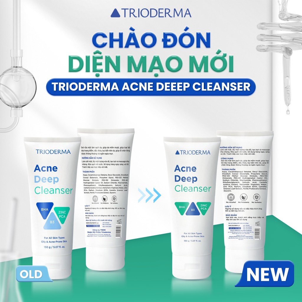 Combo Gel mụn Trioderma Anti Acne Gel 15g & Gel rửa mặt Acne Deep Cleanser 150g chính hãng