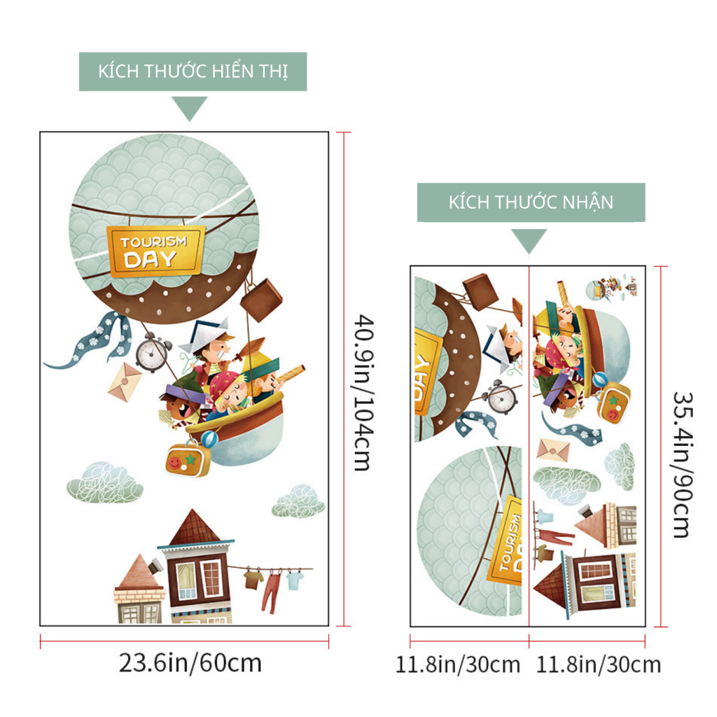 Decal Dán Tường Trẻ Em Khám Phá Trên Khinh Khí Cầu Có Keo Sẵn 60x104cm - Trang Trí Phòng Cho Bé