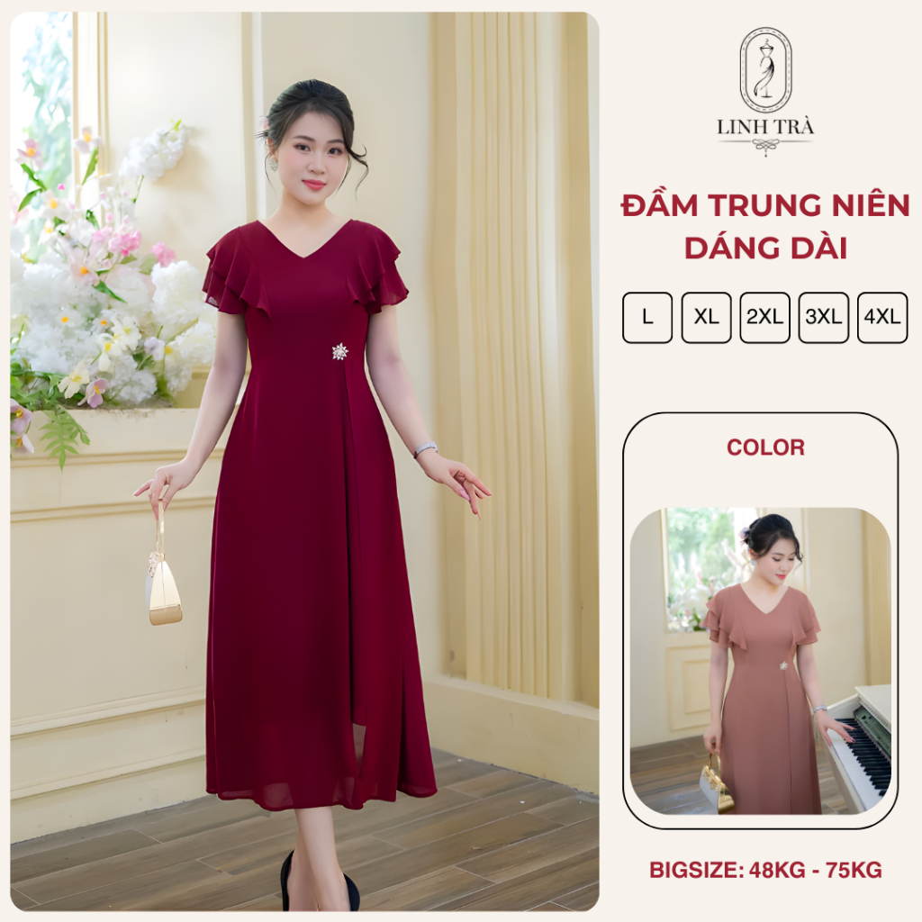 Đầm Trung Niên Cho Mẹ [Linh Trà] (LT 2015) Váy Thiết Kế Bigsize (47 đến 75kg) Đầm Đi Tiệc Thanh Lịch Sang Trọng