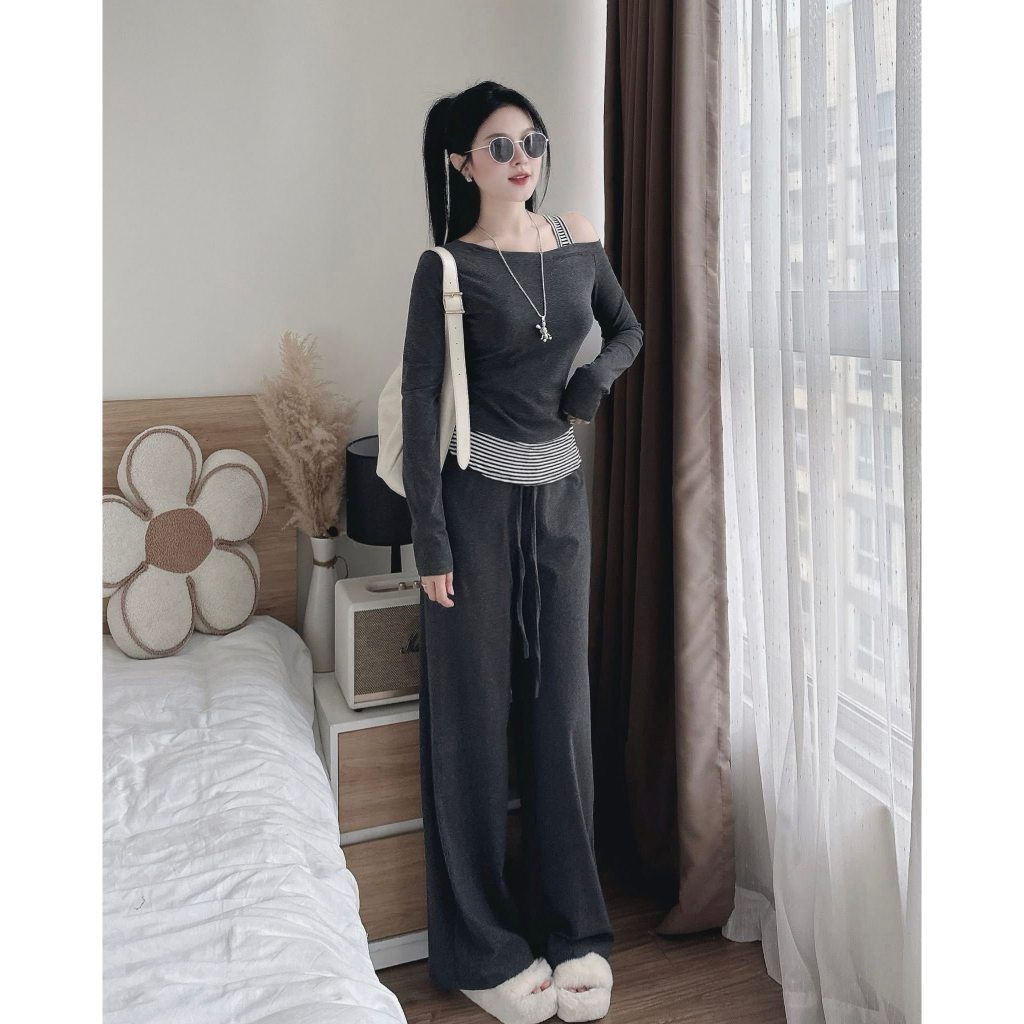 Set đồ nữ, đồ bộ nữ DONNA HCOM26742 áo trễ vai mix quần suông trẻ trung, năng động