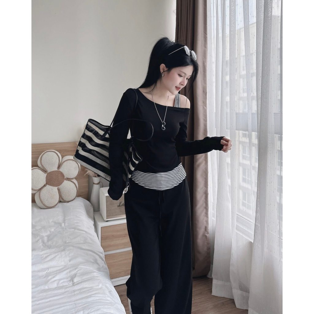 Set đồ nữ, đồ bộ nữ DONNA HCOM26742 áo trễ vai mix quần suông trẻ trung, năng động