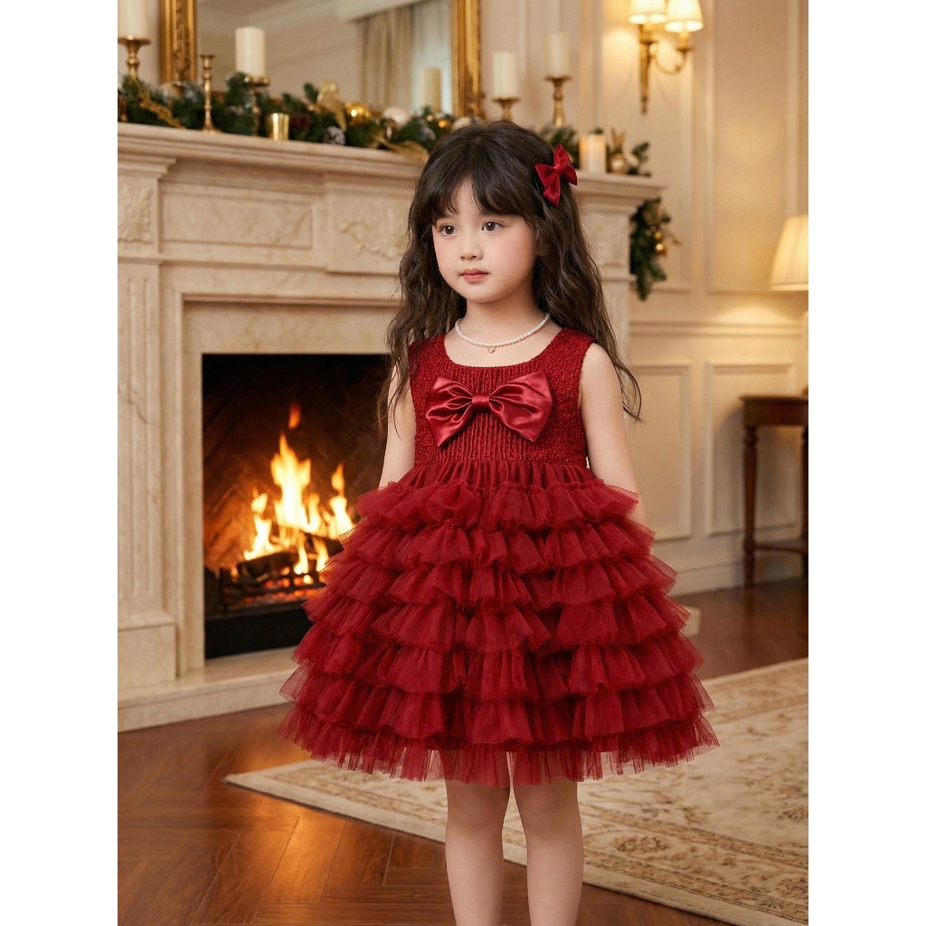 Váy Cho Bé Gái HANIA KIDS,Váy Công Chúa 3 Lớp Bồng Bềnh Sát Nách Đính Nơ Gái Voan Tầng Xòe Mềm Mại