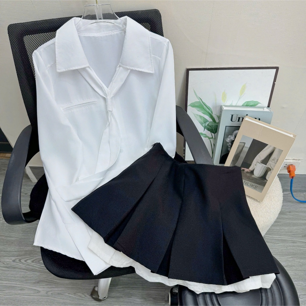 Set Bigsize Nữ Áo Sơ Mi Lụa Chéo + Chân Váy Xếp Ly Ngắn – Thanh Lịch, Che Bụng Che Đùi SM168+CV421
