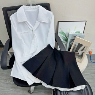 Set Áo Váy Bigsize Nữ Cá Tính Áo Sơ Mi Tay Dài Kèm Cà Vạt May Liền Mix Chân Váy Tennis SM168-CV421