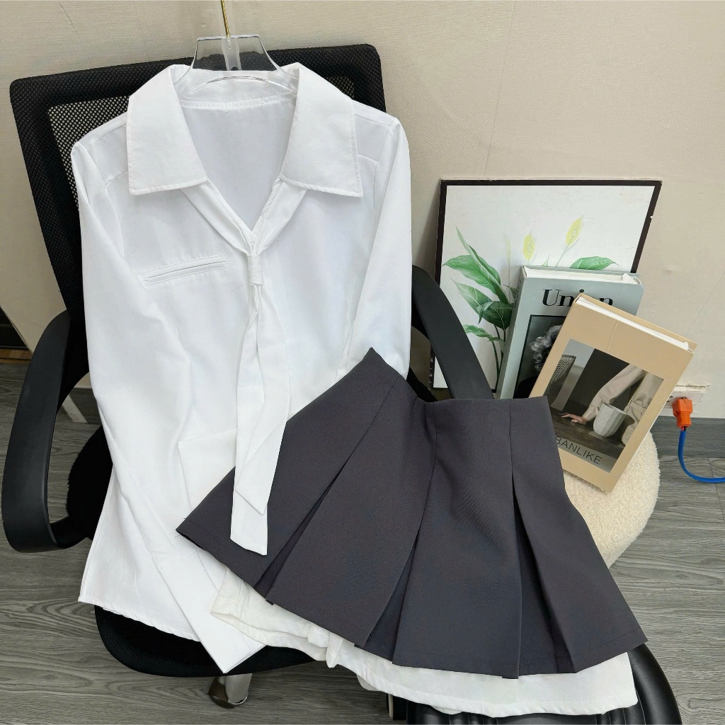 Set Bigsize Nữ Áo Sơ Mi Lụa Chéo + Chân Váy Xếp Ly Ngắn – Thanh Lịch, Che Bụng Che Đùi SM168+CV421