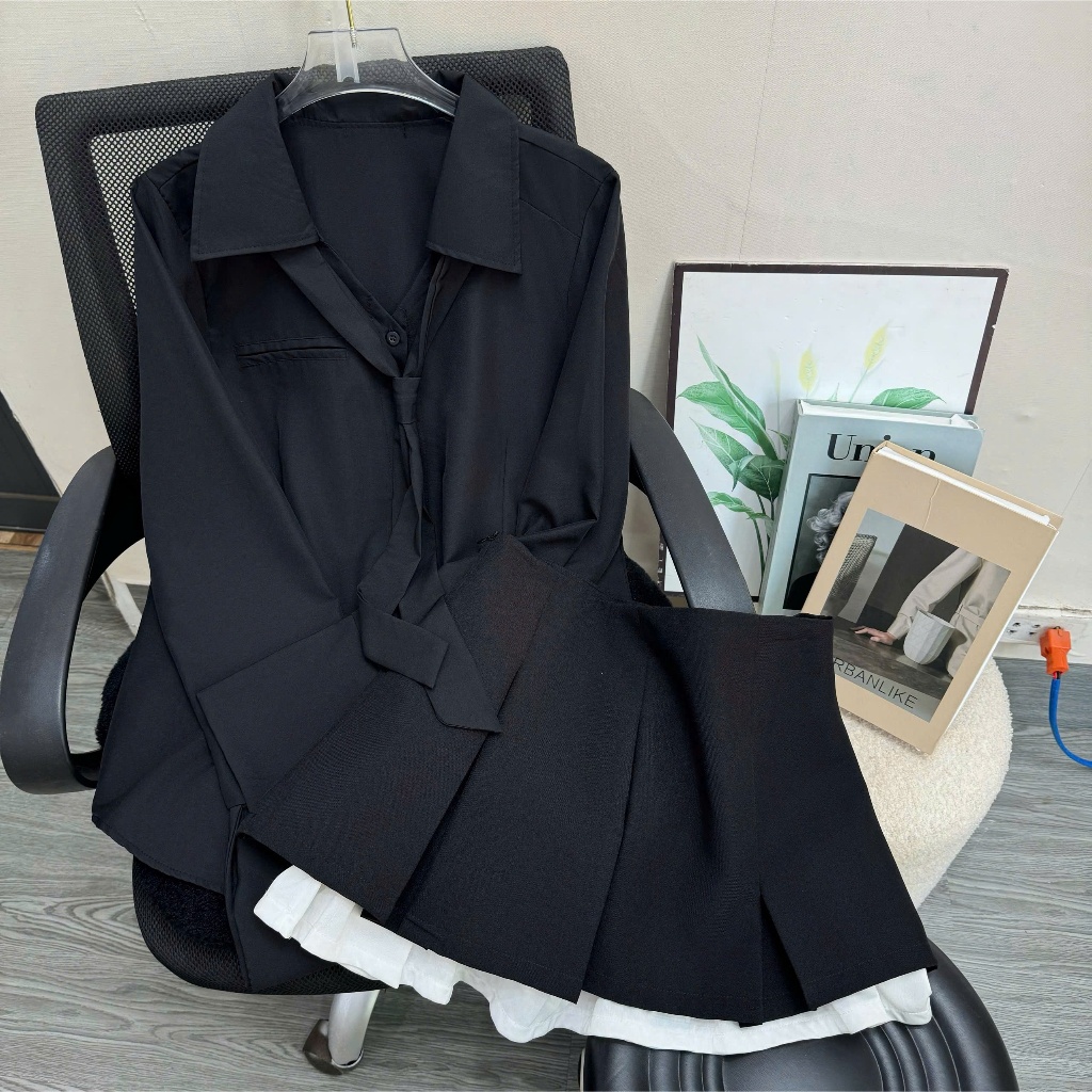 Set Bigsize Nữ Áo Sơ Mi Lụa Chéo + Chân Váy Xếp Ly Ngắn – Thanh Lịch, Che Bụng Che Đùi SM168+CV421