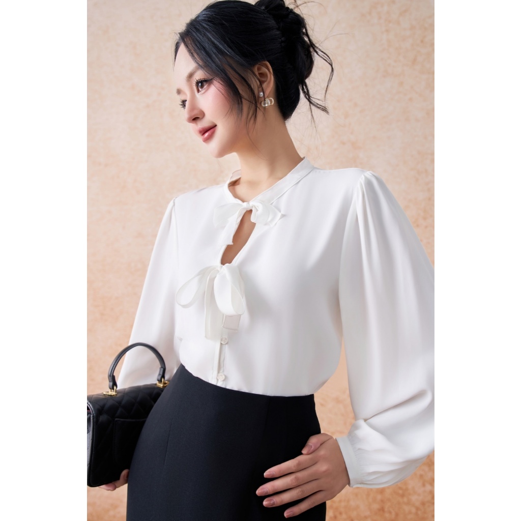 Áo sơ mi nữ ELLA DORA thiết kế cổ tròn 2 nơ form dáng suông thanh lịch hiện đại màu TRẮNG [SM157]