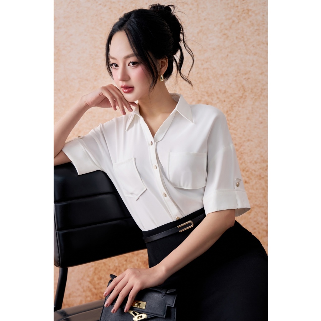 Áo sơ mi nữ ELLA DORA chất lụa thiết kế cổ V 2 túi dáng ngắn phong cách trẻ trung thanh lịch [SM158]
