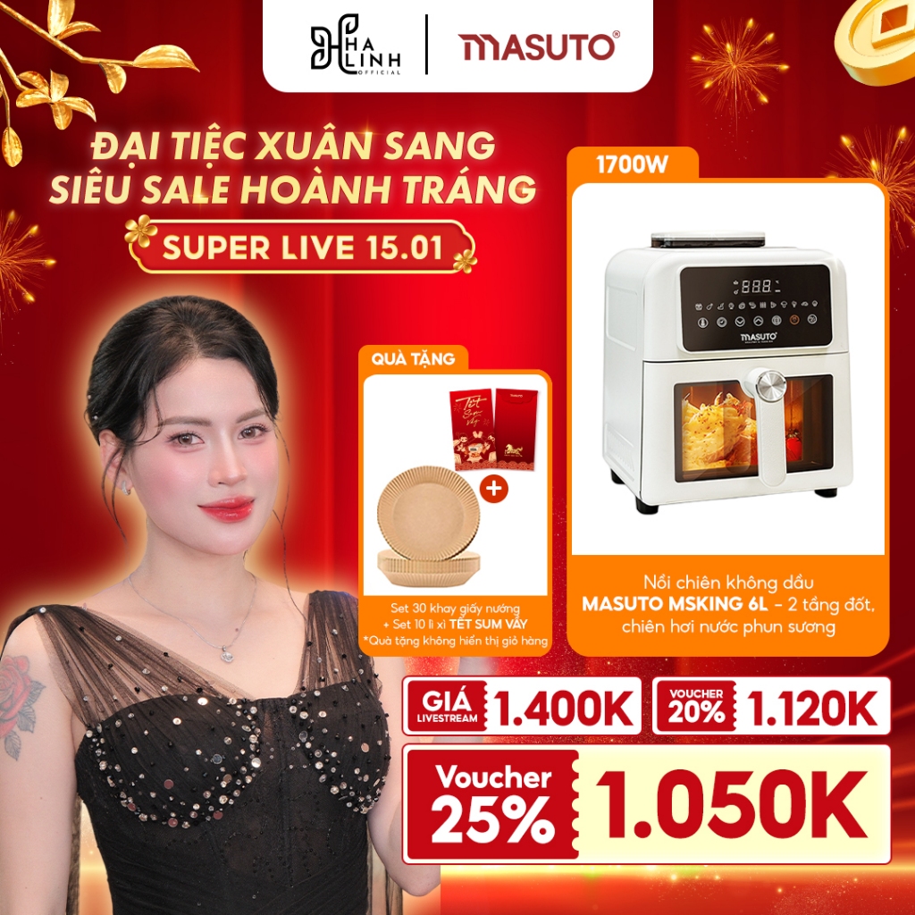 [VHL x Masuto] Nồi Chiên Không Dầu Masuto MSKing 6L- 1700W 2 Tầng Đốt, Nồi Chiên Hơi Nước, Tặng 30 khay giấy + 10 lì xì