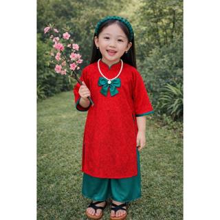 Sét Áo Dài Cách Tân Dài Tay Phối Nơ Cổ Tim Gấm Lụa Mặc Tết, Bộ Áo Dài Bé Gái Hàng Cao Cấp DA06 - BEEKIDS