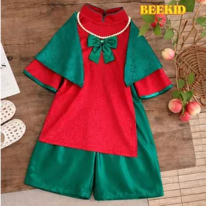 Sét Áo Dài Cách Tân Dài Tay Phối Nơ Cổ Tim Gấm Lụa Mặc Tết, Bộ Áo Dài Bé Gái Hàng Cao Cấp DA06 - BEEKIDS